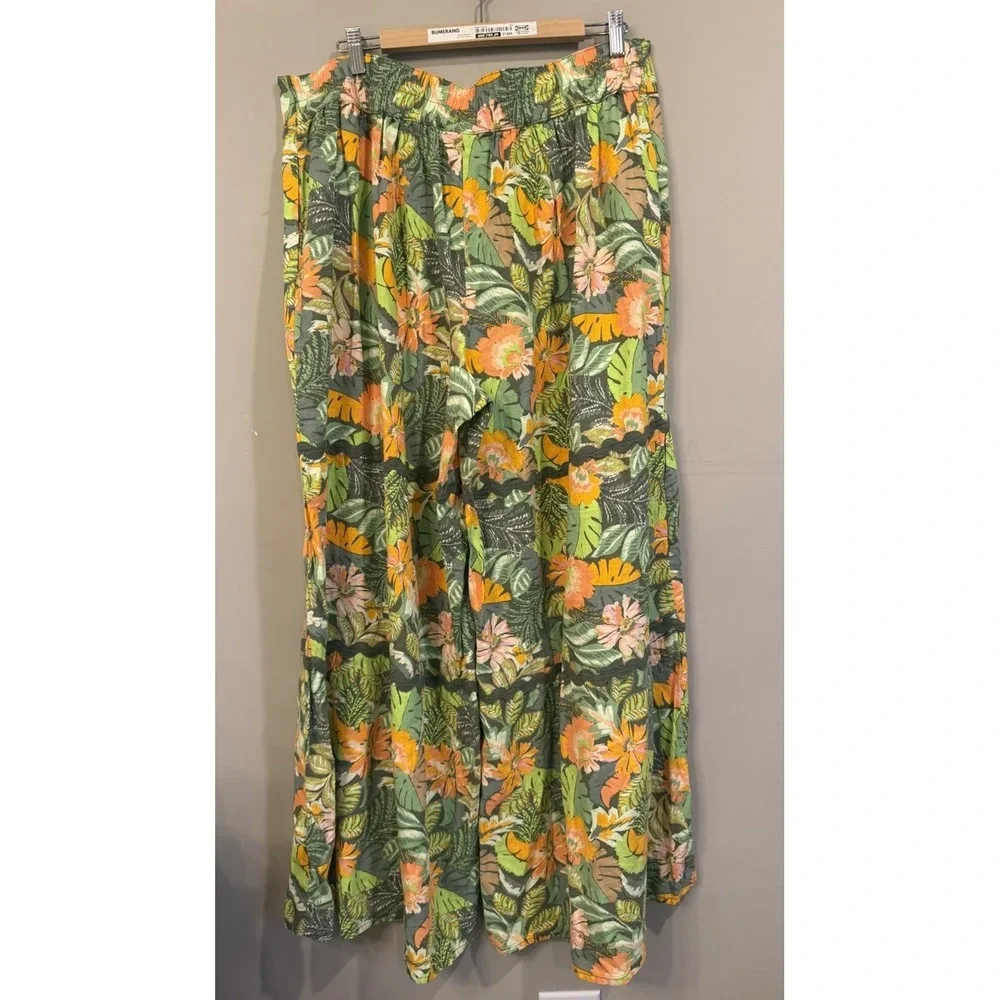Extreme Wide Leg Tiered‎ Pants 18/20 Green Orange Linen/Rayon Tropical Floral